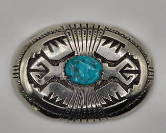 Thomas Singer Vintage Native American sterling silver and turquoise belt buckle