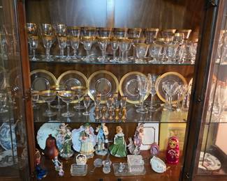 Vintage gold rimmed glassware and figurines