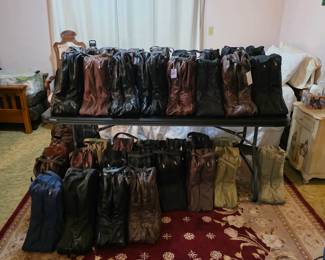Cowboy boots, mostly exotic skins, Lucchese, Justin, Nocona, Tony Lama, Dan Post, and custom pairs
