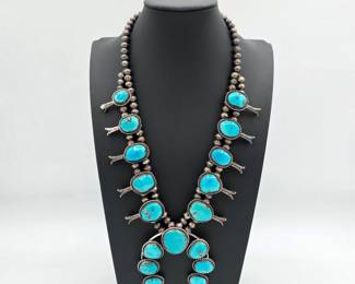 Vintage Native American sterling silver and turquoise squash blossom necklace