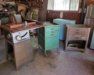 Vintage Craftsman table saw, tool carts, and tool box