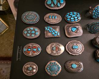 Vintage Native American jewelry, sterling silver and turquoise belt buckles