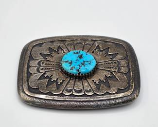 Thomas Singer Vintage Native American sterling silver and turquoise belt buckle