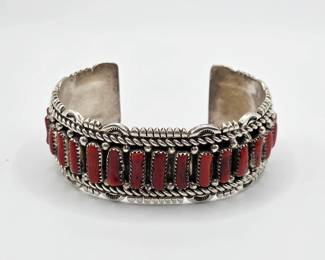 Vintage Native American sterling silver and red coral Vivian Jones cuff bracelet
