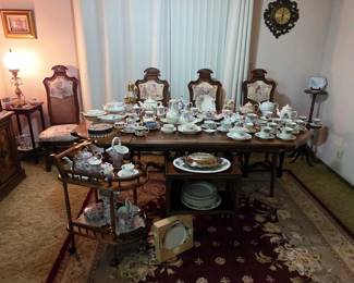 Vintage dining set with chairs, vintage bar cart, vintage fine China tea sets, teapots and tea cups