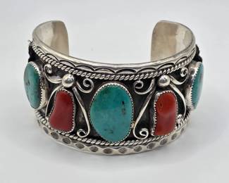 Vintage Native American sterling silver and turquoise Tom David cuff bracelet