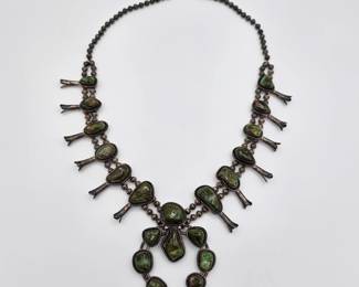 Vintage Native American sterling silver and turquoise squash blossom necklace