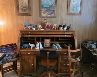 Vintage roll top desk, vintage chair