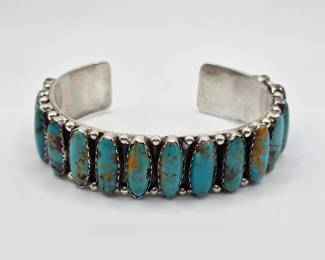 Vintage Native American sterling silver and turquoise Julia and H. Etsitty cuff bracelet