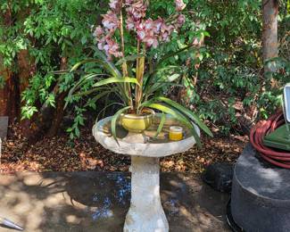 Bird bath and vintage planters and pots