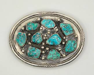 Tom Willeto Vintage Native American sterling silver and turquoise belt buckle