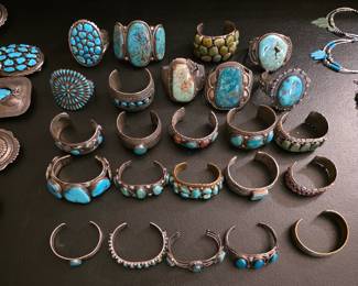 Vintage Native American jewelry, sterling silver and turquoise cuff bracelets