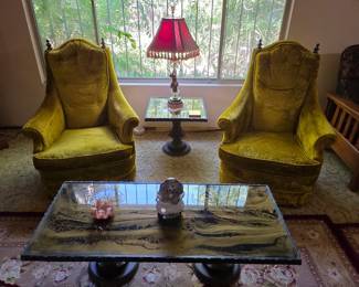 Vintage chairs, vintage coffee table, vintage end table, vintage lamp
