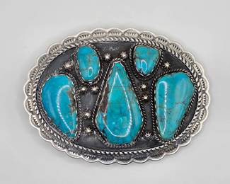 Lorenzo James Vintage Native American sterling silver and turquoise belt buckle