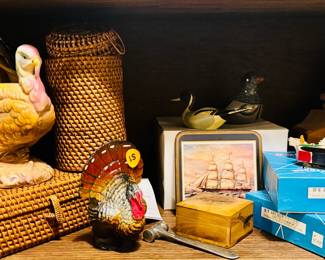 Model ship, baskets and coaster with Turkey and bird figurings