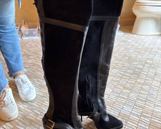 Christina Dior Intrigante suede and black leather platform lace up knee high boots