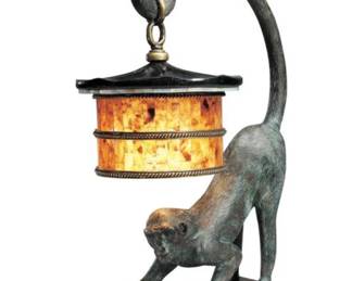 Maitland-Smith Monkey Lamp with penshell shade and mother of pearl and brass accents. Dimensions: 16" x 11" x 25"
