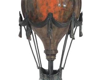 Maitland Smith Balloon Lamp: Features penshell crackle globe with verdigris bronze patina mounts and a green marble base. Dimensions: 14" x 14" x 27"