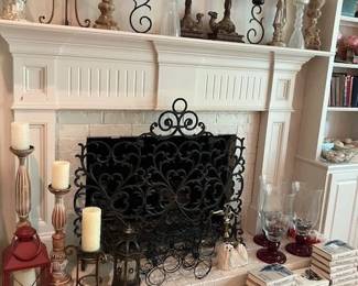 Nice iron firescreen, candle sticks, decorative accents