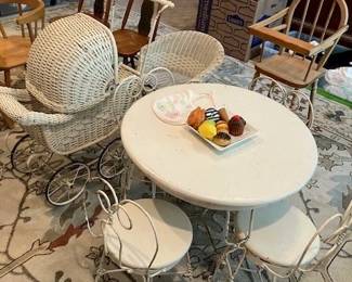 Antique ice cream table and chairs, wooden highchair