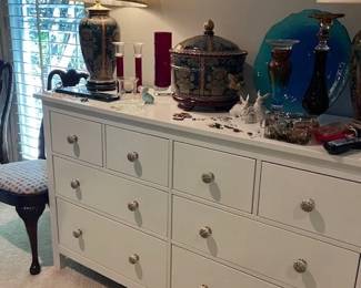 8 drawer chest, pair of lovely lamps, covered compote