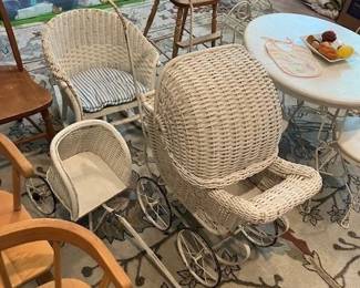 Antique antique wicker baby buggies, rocker and perambulator.