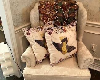 Wing back white chair, great throw pillows
