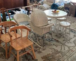 Antique wicker perambulator, side car, rocker, ice cream table and chairs.