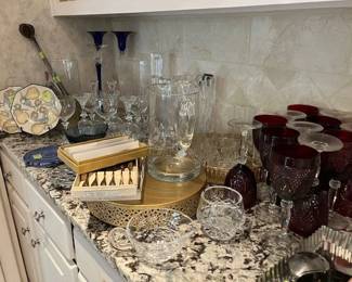 Misc. glassware, crystal, red goblets
