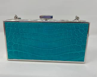 Judith Leiber Authentic Crocodile Skin in Teal / Turquoise Clutch Evening Bag with short hand strap