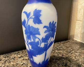 Vintage Galle Style Cameo Glass in Cobalt Blue & White Raised Floral Design Art Glass Vase.