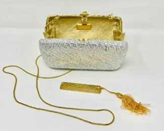 Judith Leiber Evening Bag / Clutch with Gold Strap & Comb
Covered in Clear Swarovski Crystals
Gold Leather inside