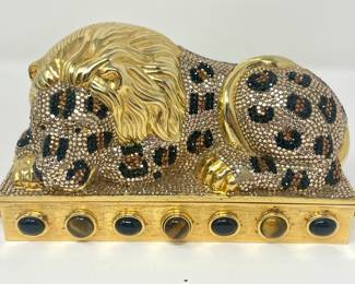 Judith Leiber Lion Clutch
Covered in Swarovski Crystals and Tigers Eye / Onyx Stones