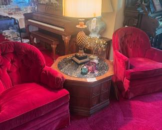 Swaggy 70s Red Velour arm chairs and black Marble top end table