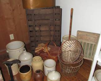 Good primitive items- crocks, egg baskets, chicken carrier/coup and more