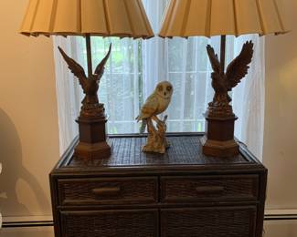 Substantial vintage eagle lamps and wicker cabinets