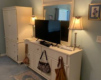 Bedroom set with dresser with mirror, armoire, and Queen bed