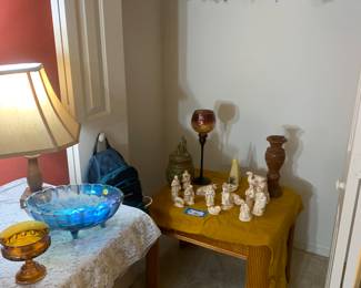 Vintage nativity scene, vintage wood vase, side table