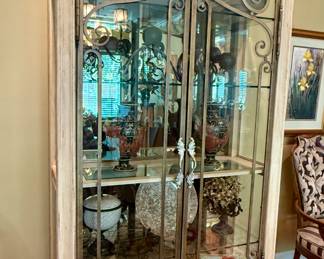 Metal and Distressed White Curio Cabinet