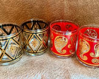 Culver Black and Gold and Paisley Red and Gold Lowball Glasses - Whiskey Glasses