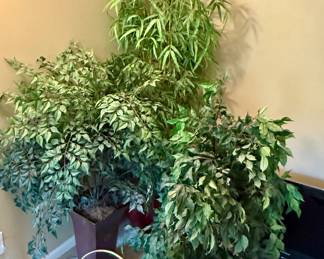 Various Artificial Plants in Vases and Brass Containers