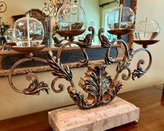 Iron Candelabra with Glass Oil Candles and Marble Base