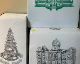 Dept. 56 Heritage Village Collection handpainted porcelain "Town Tree", "Camden Park Square" and "The Capitol" from the Christmastime in the City series