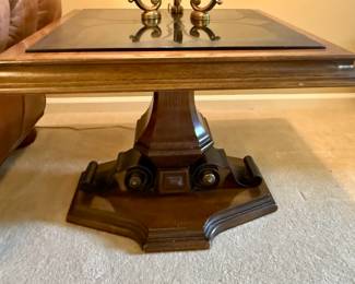 Wood Pedestal Accent Table with Etched Black Stone Top