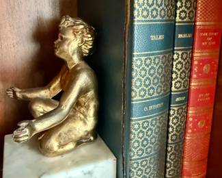 Brass Child on Marble Bookend with Vintage Books