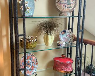 Metal and Glass Shelving Unit with Gold Accents