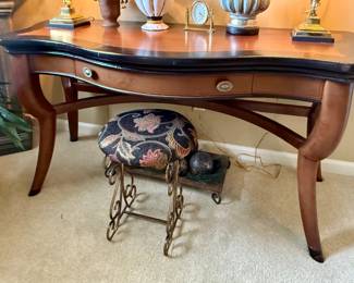 Wood Desk with Drawer and Metal Stool with Upholstered Seat