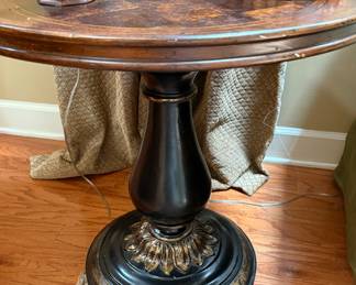 Inlaid Wood, Black and Gold Round Pedestal Accent Table