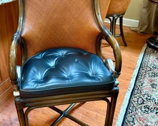 Dark Brown Wood, Leather, and Rattan Back Set of Stools - Maitland Smith