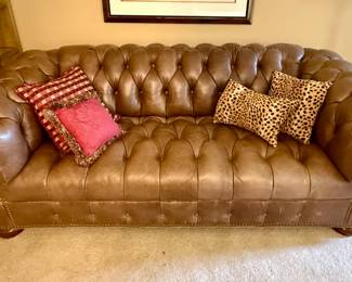Brown Leather Tufted Chesterfield Sofa with Nailheads